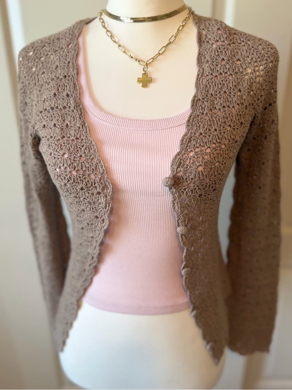 Karen Kane Taupe Crochet Open-Front Cardigan with Pink Tank